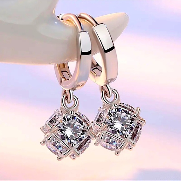 Sterling Silver Cube Crystal Hoop Drop Earrings - Picture 2 of 4